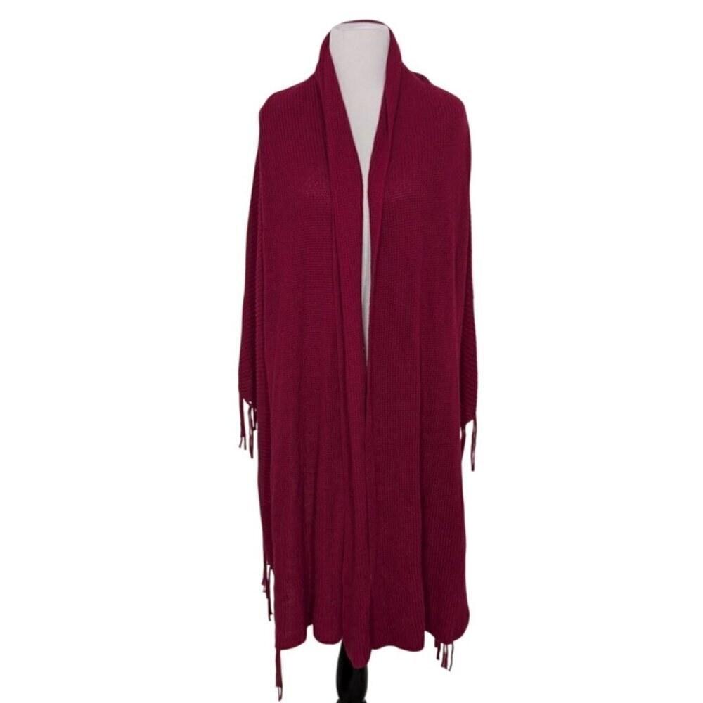 Chicos Ribbed Fringe Poncho Womens Size L/XL Pink Cotton Blend Oversized Shawl